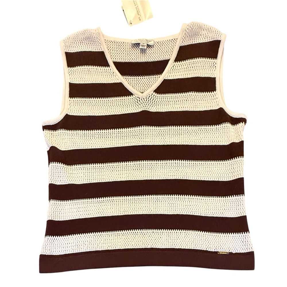 NWT St John Brown/Cream Vneck Striped Sleeveless Sweater Top Size Medium $295